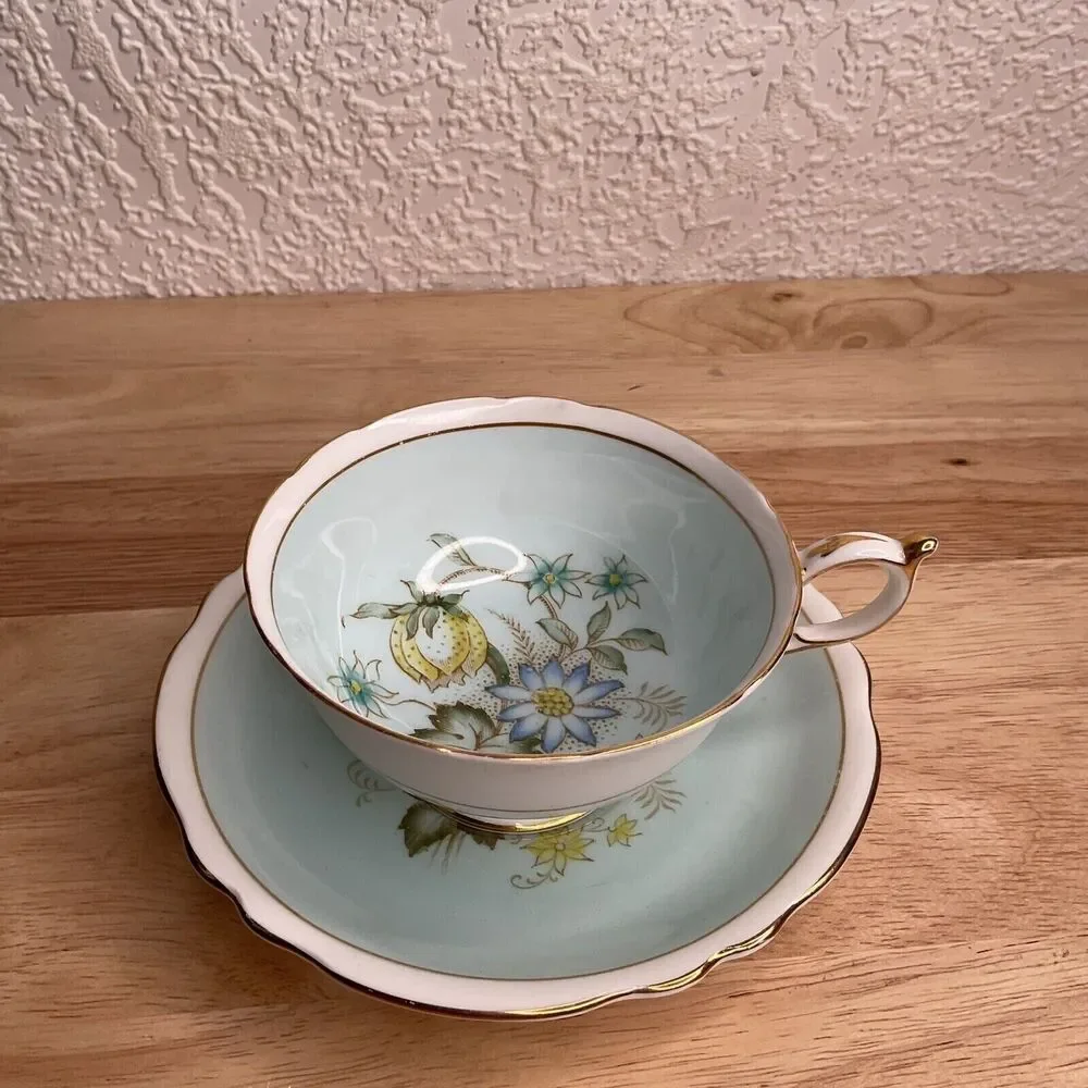 VTG Paragon Double Warrant TeaCup/Saucer Mint green/Dogwood‎ Gold Trim England